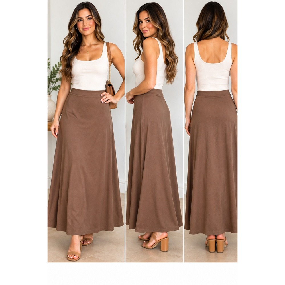 Vince Camuto Faux Suede Maxi Skirt Camel Brown High Waist A-Line NWT XS